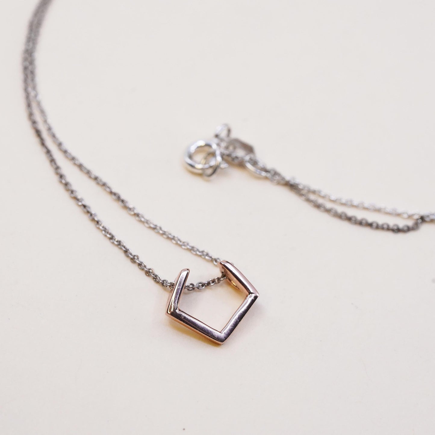 16+2”,, vintage Two Tone sterling silver necklace, 925 circle square Pendant