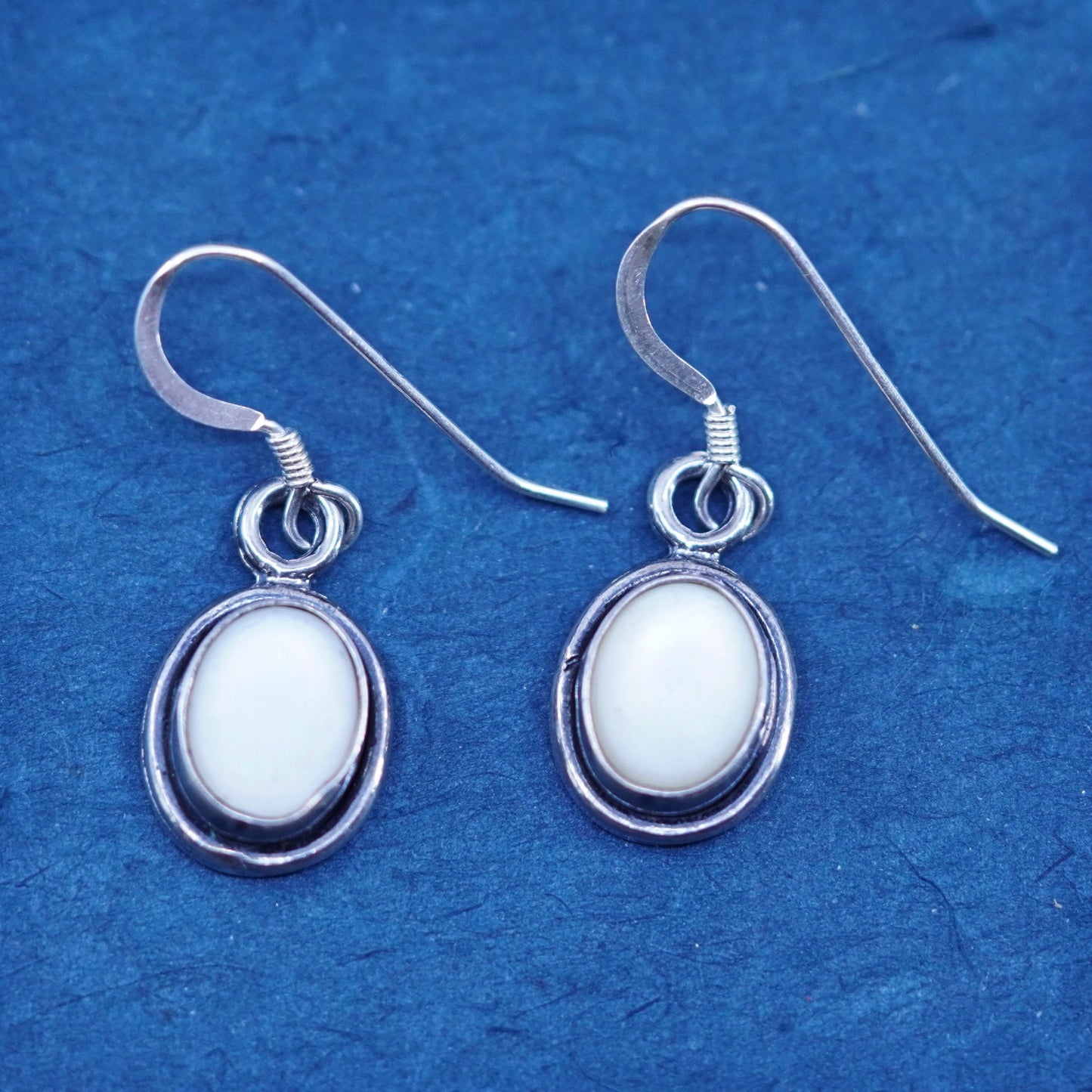 Vintage sterling silver handmade earrings, 925 oval with mother of pearl drops