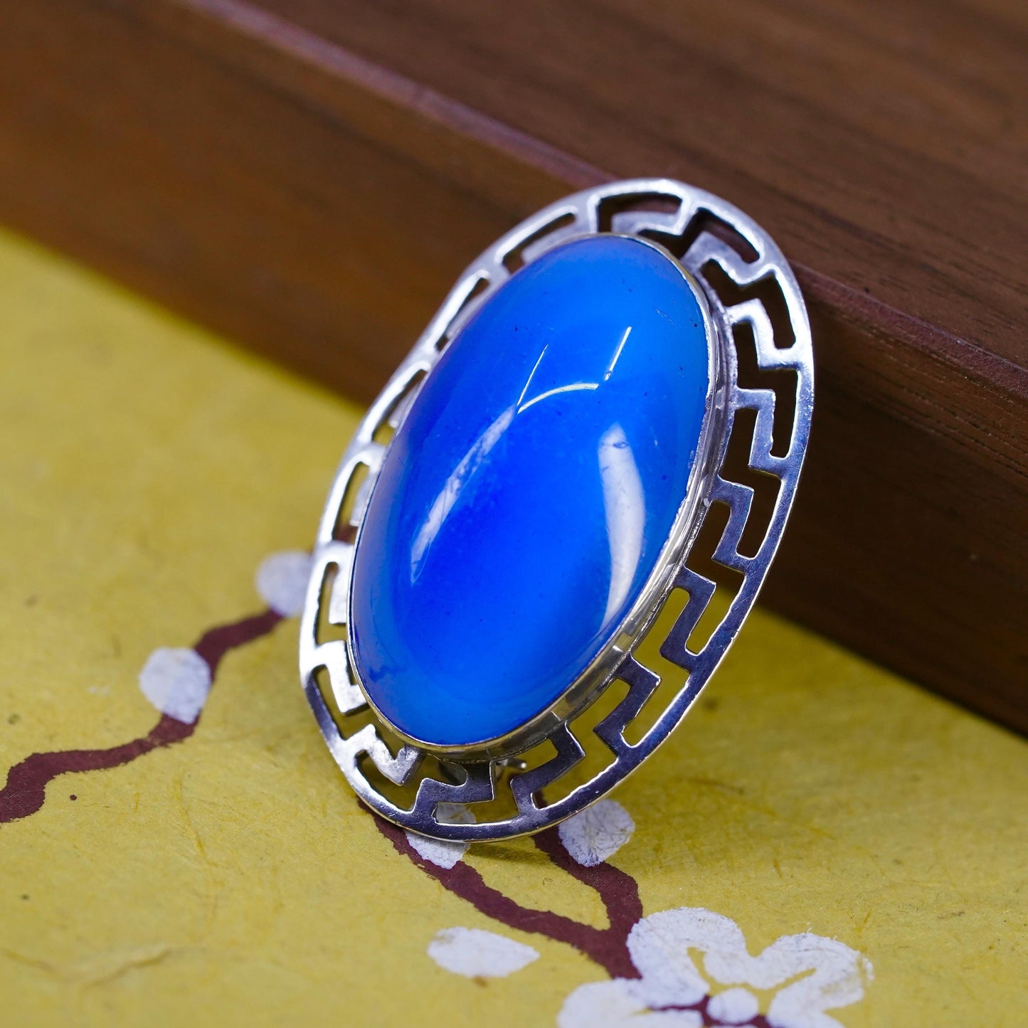 VTG Sterling 925 silver Blue Glass Cabochon Brooch, Frame, Art Deco Style Pin