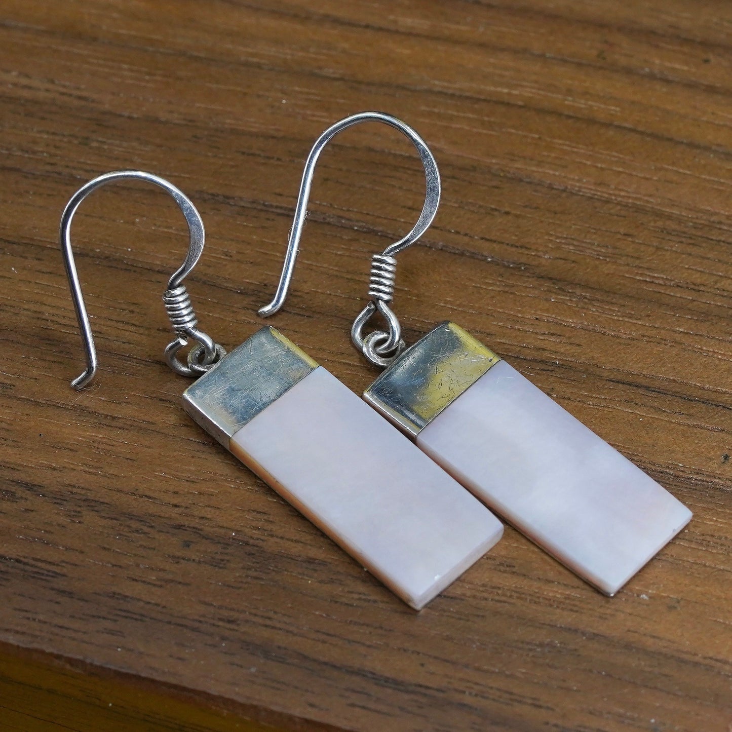 Vintage Sterling 925 silver handmade earrings with rectangular mother of pearl