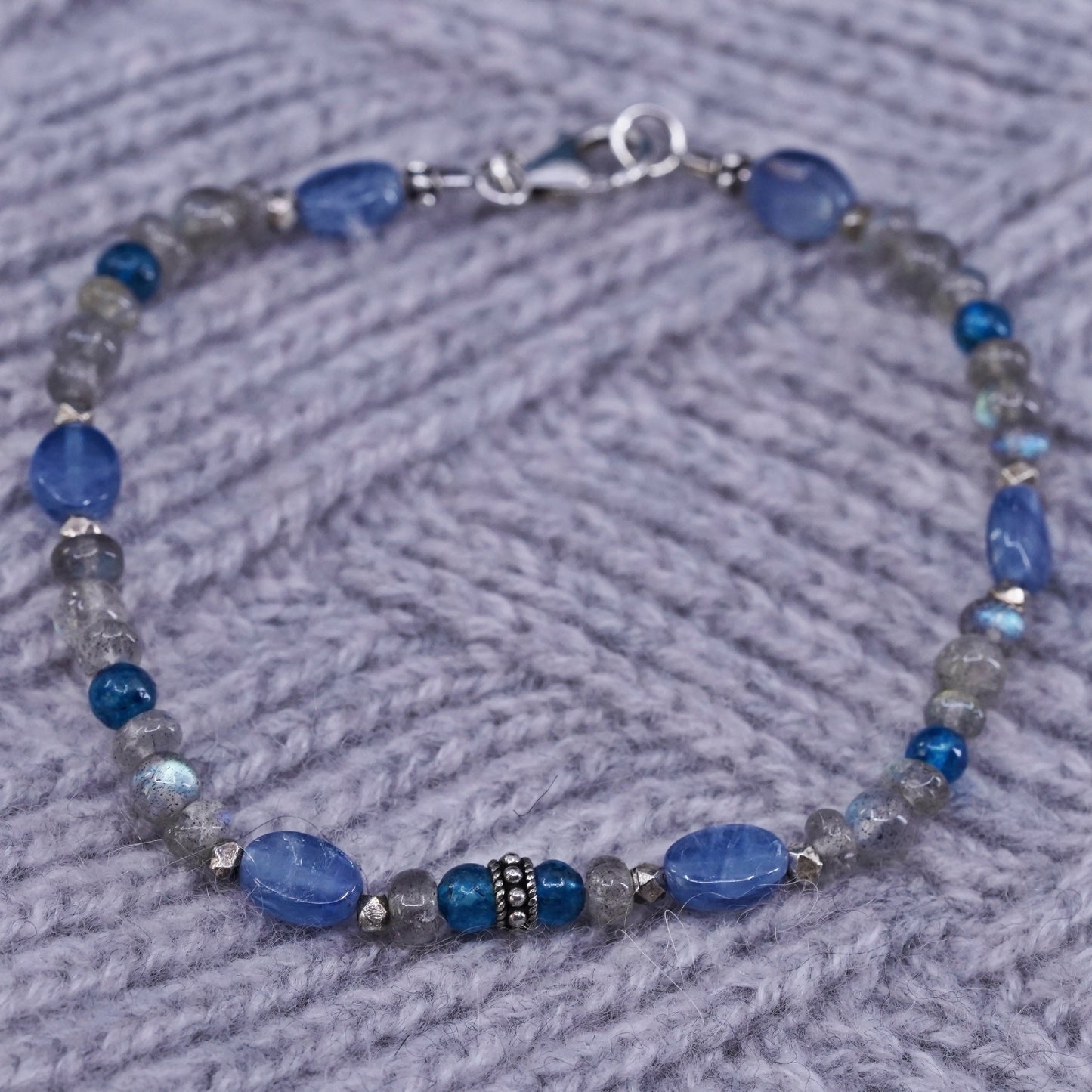 7.75”, sterling silver bracelet with blue Swarovski crystal moonstone beads