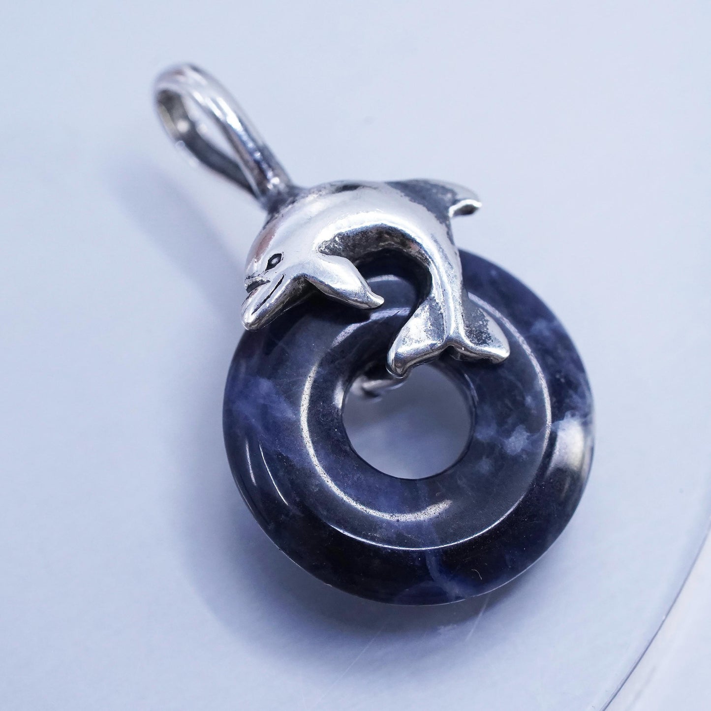 Vintage sterling 925 silver healing crystal dolphins pendant w/ sodalite circle