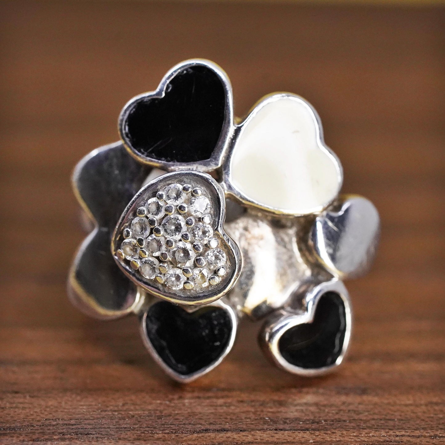Size 6.25, Folli Follie 925 Sterling Silver 925 cluster heart ring onyx and cz