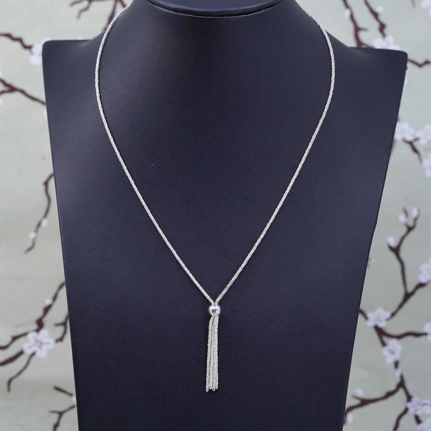 17”, Vintage Sterling 925 silver wheat chain necklace with fringe pendant
