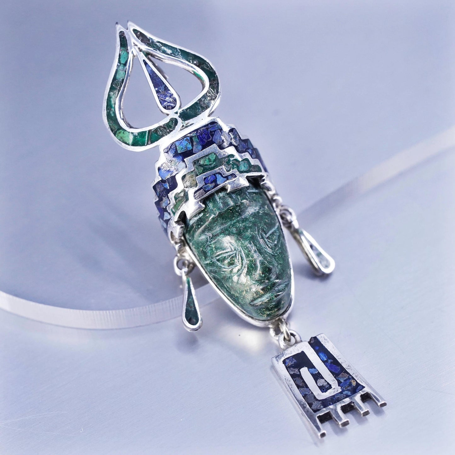 Vintage 1940s TS-30 Taxco Mexican Sterling Silver Tribal Face Jade Brooch & Pendant