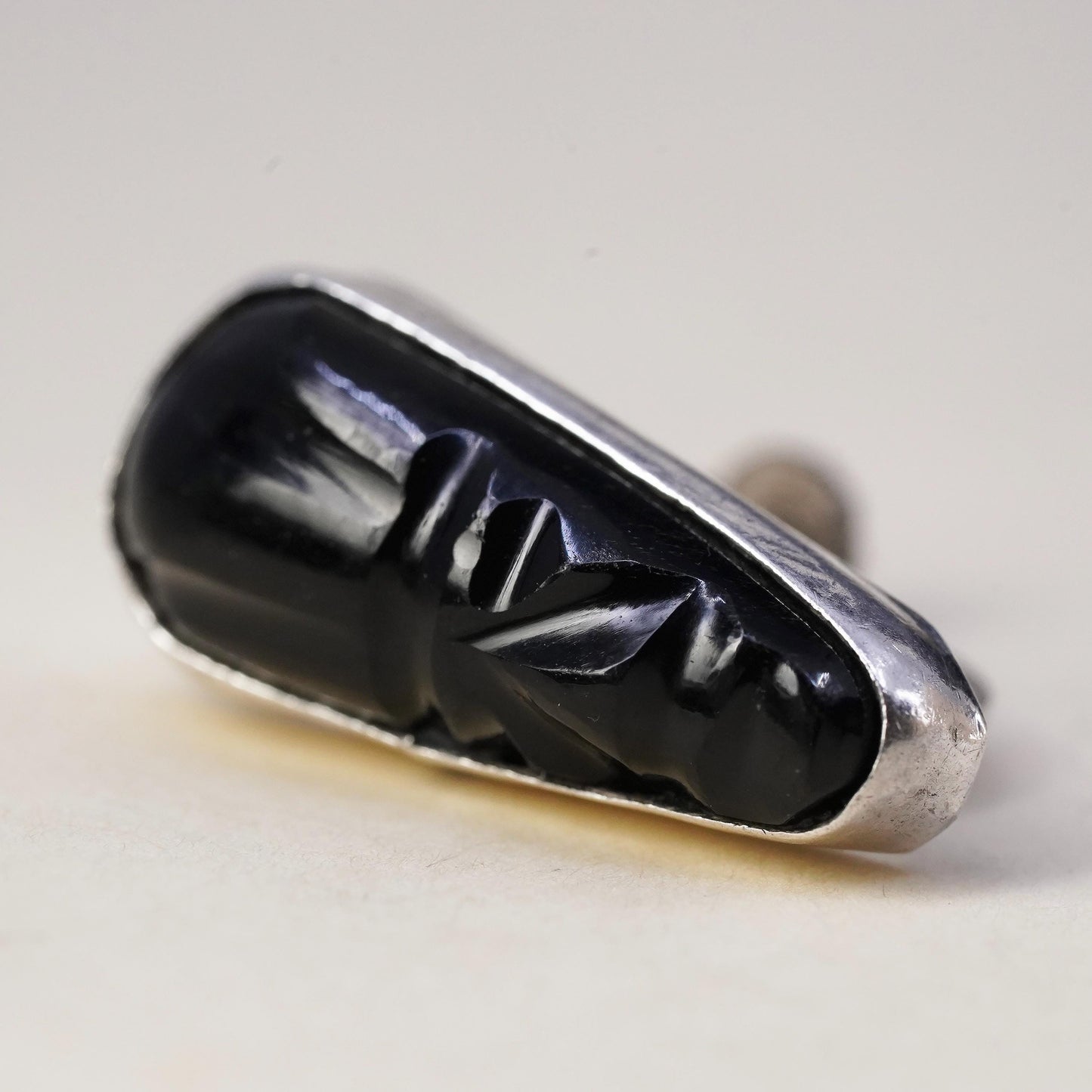 Mexican sterling silver single earring, 925 screw back with Carved Warrior Onyx