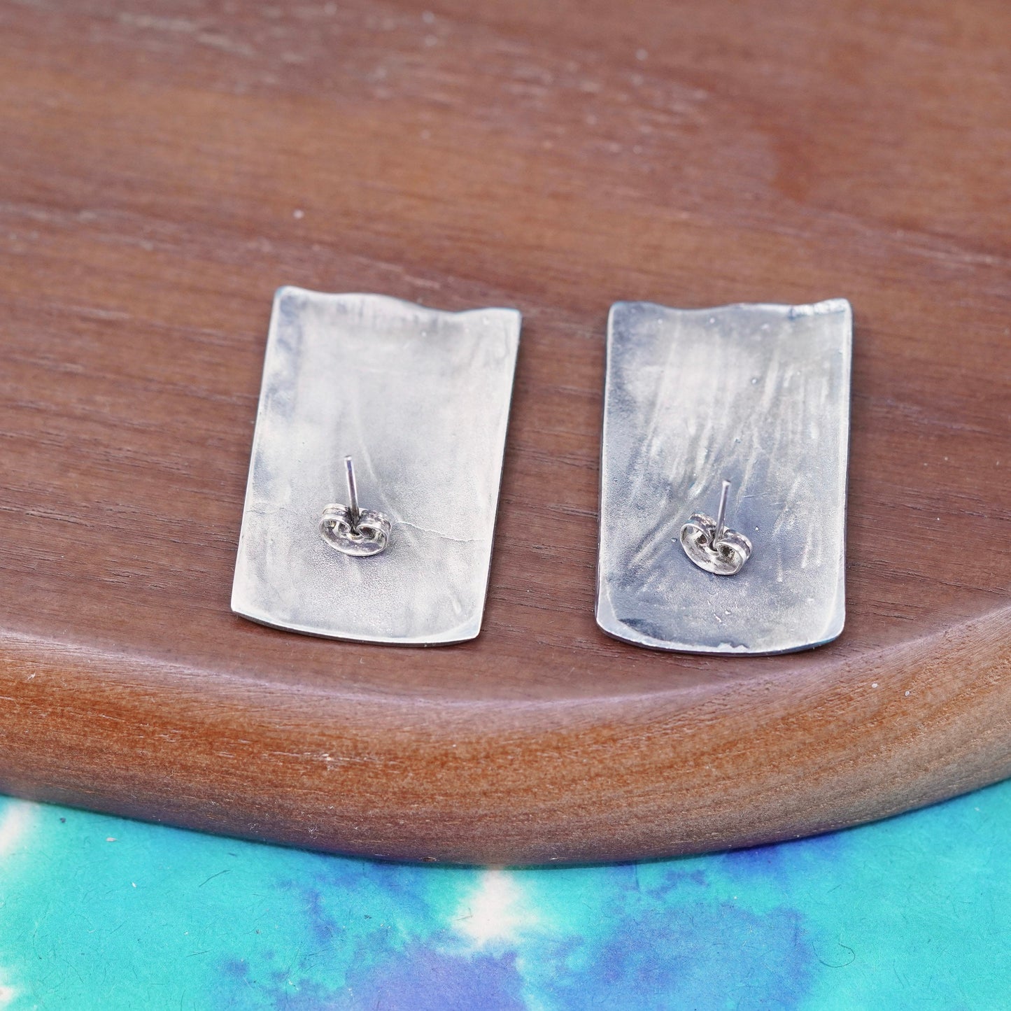 unique Sterling silver handmade earrings, rectangular studs with grass texture