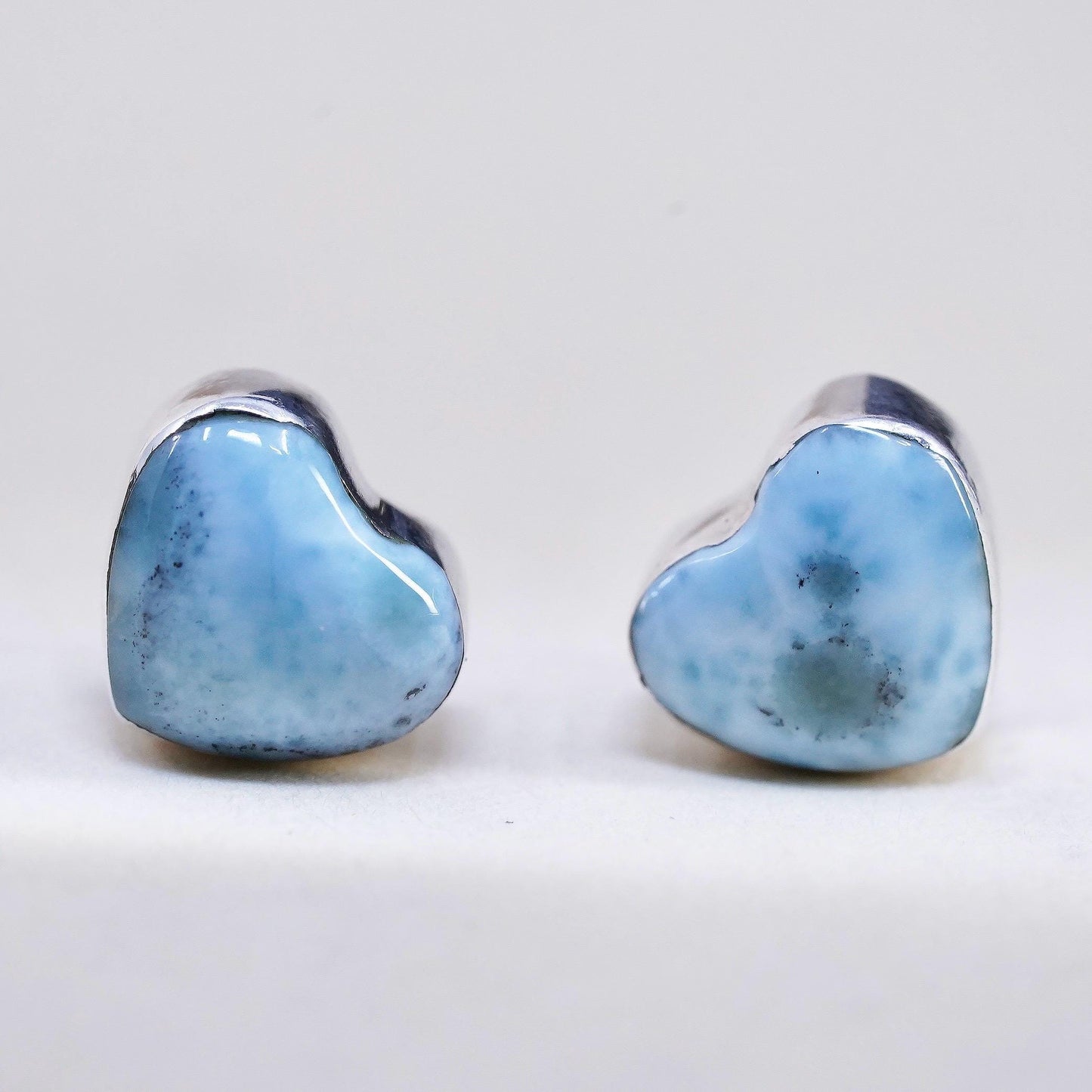 Native American handmade earrings. Sterling 925 silver heart studs with larimar