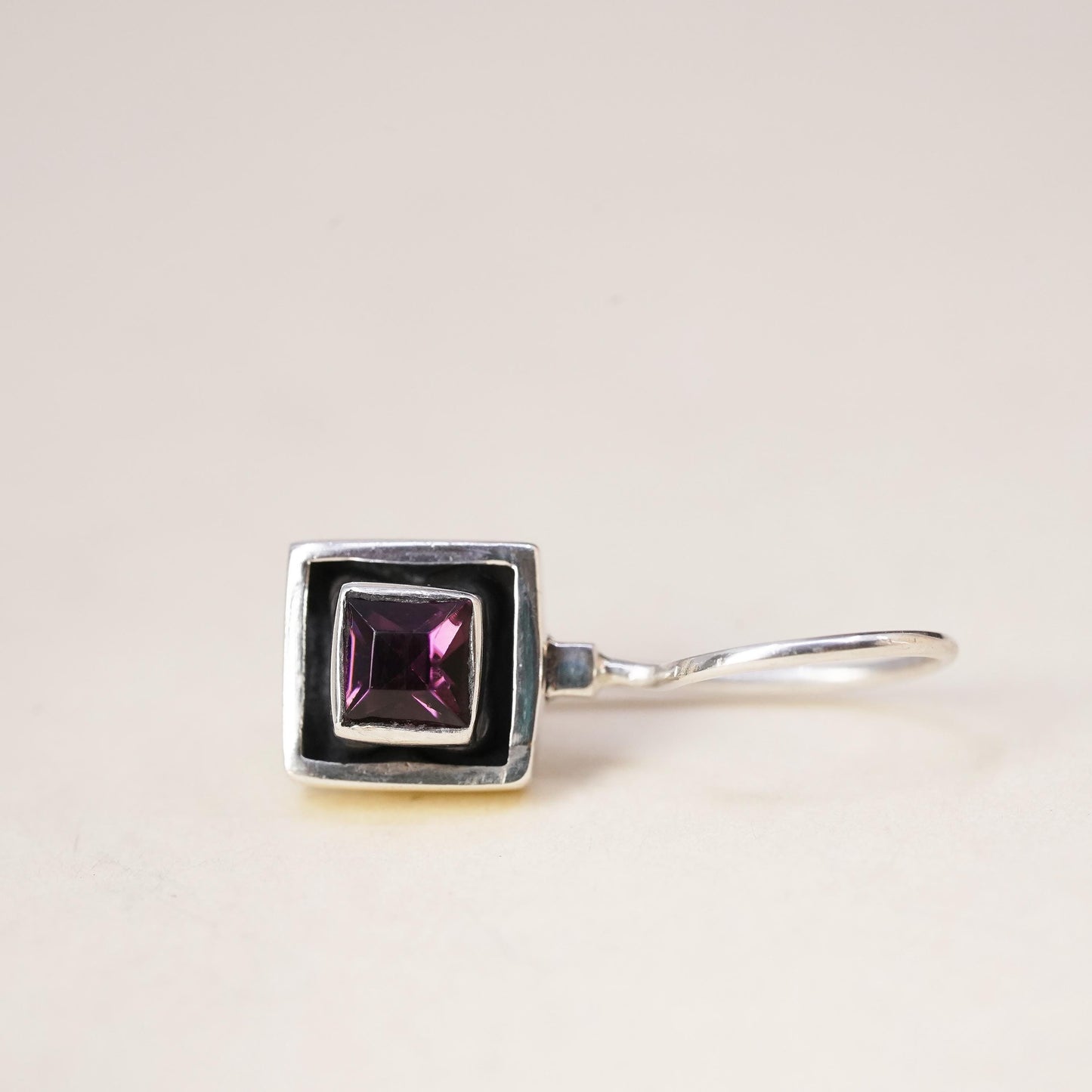 Vintage sterling silver 925 handmade single earring with square amethyst