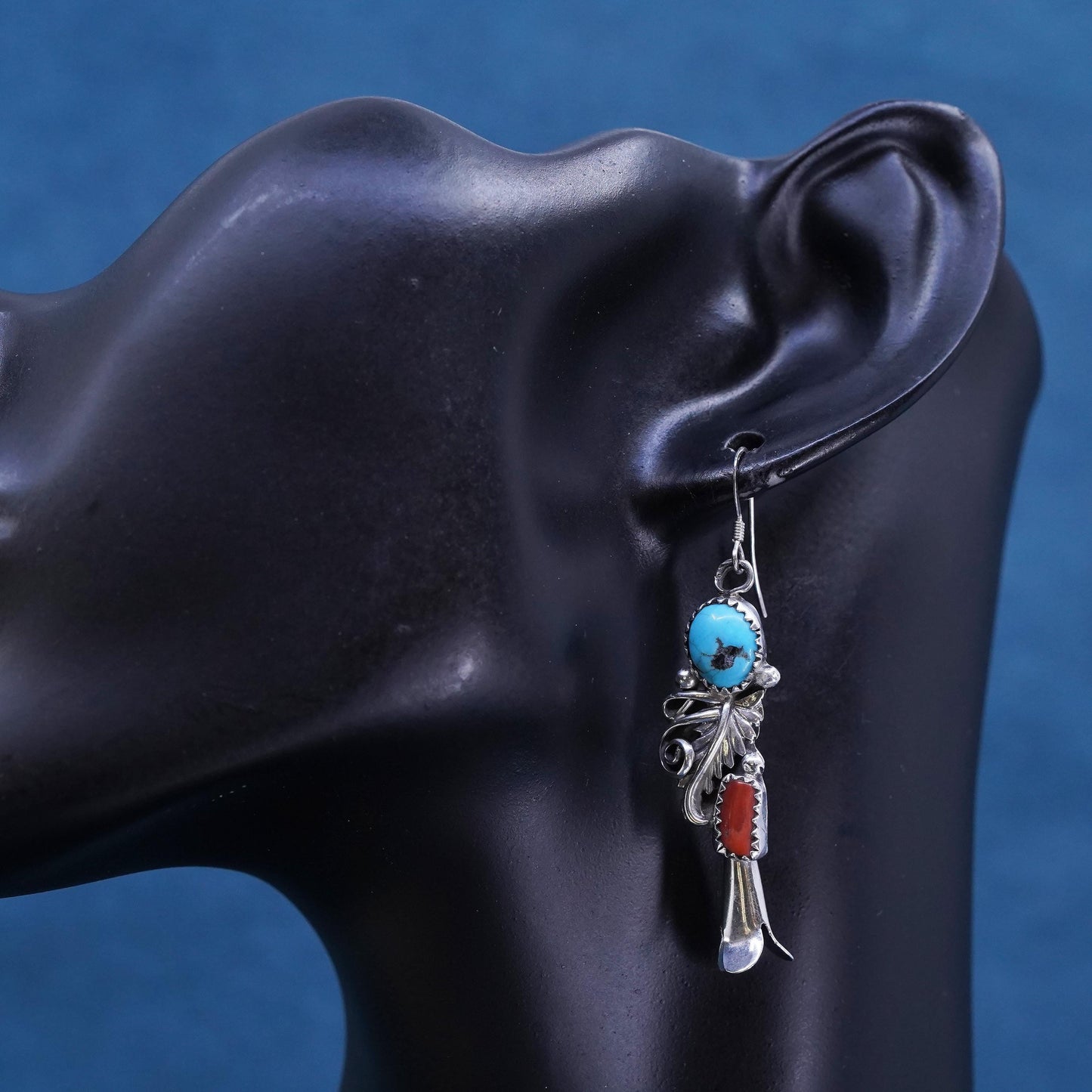Native American Navajo sterling silver earrings, 925 feather turquoise coral