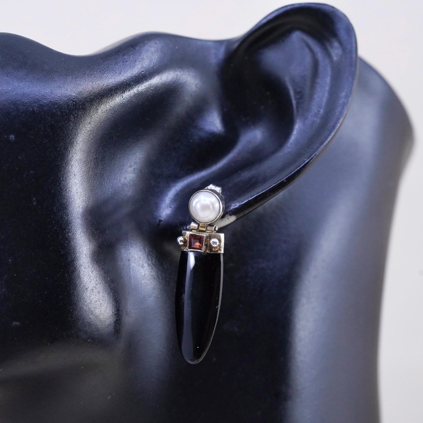 Vintage SIS handmade Sterling 925 silver earrings with onyx garnet and pearl