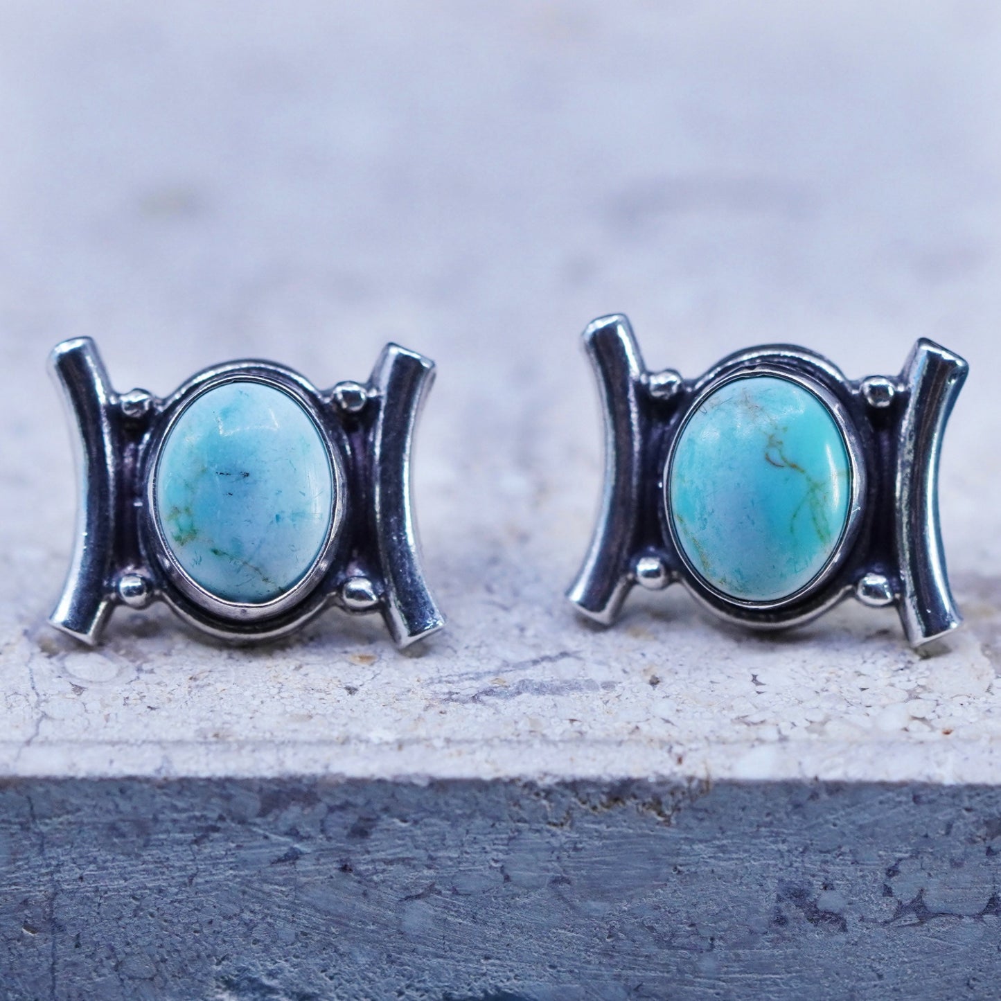 Vintage sterling silver handmade earrings, 925 studs with oval turquoise