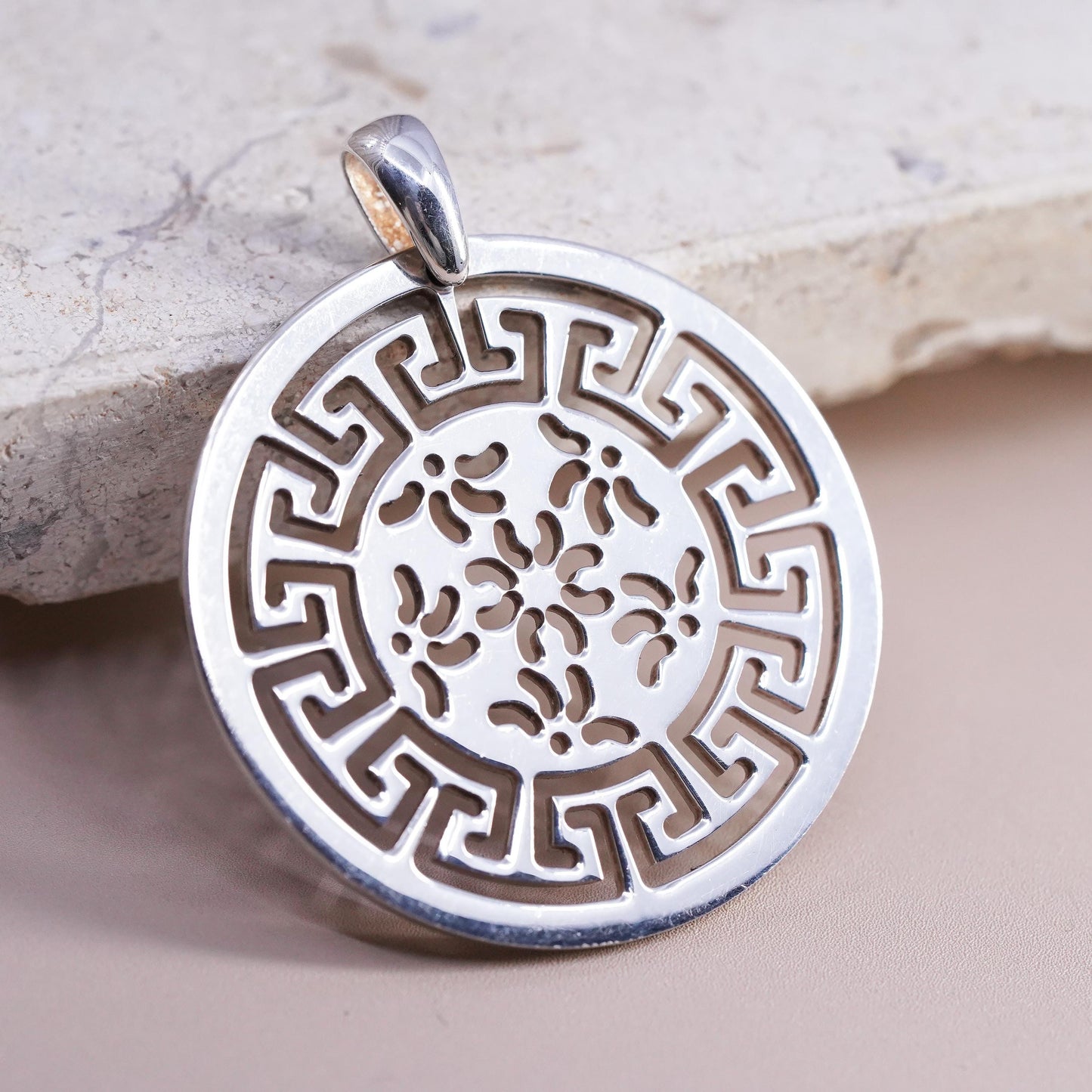 Vintage Italian M Sterling silver handmade pendant, 925 Greek key floral circle