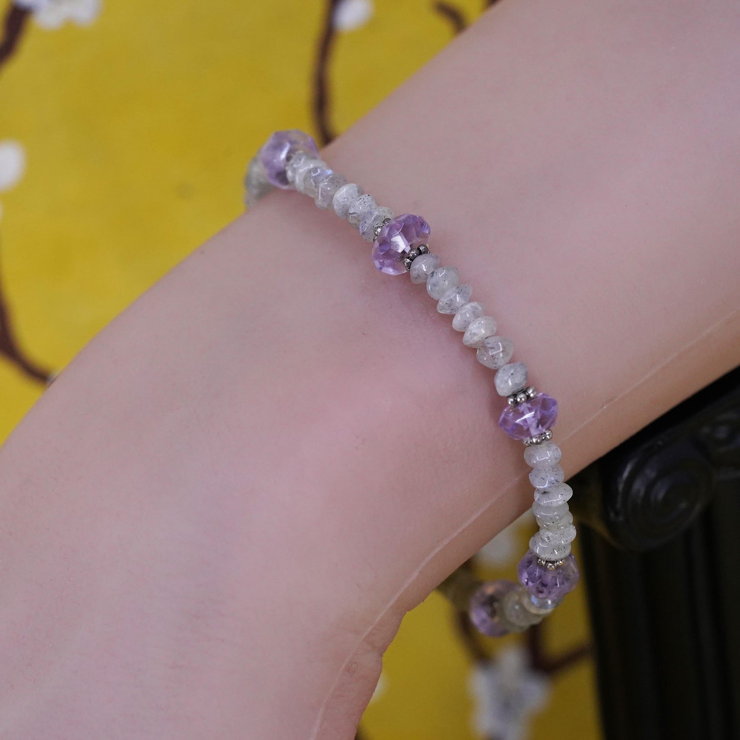 6.75", Baroni Sterling silver bracelet, moonstone amethyst beads chain