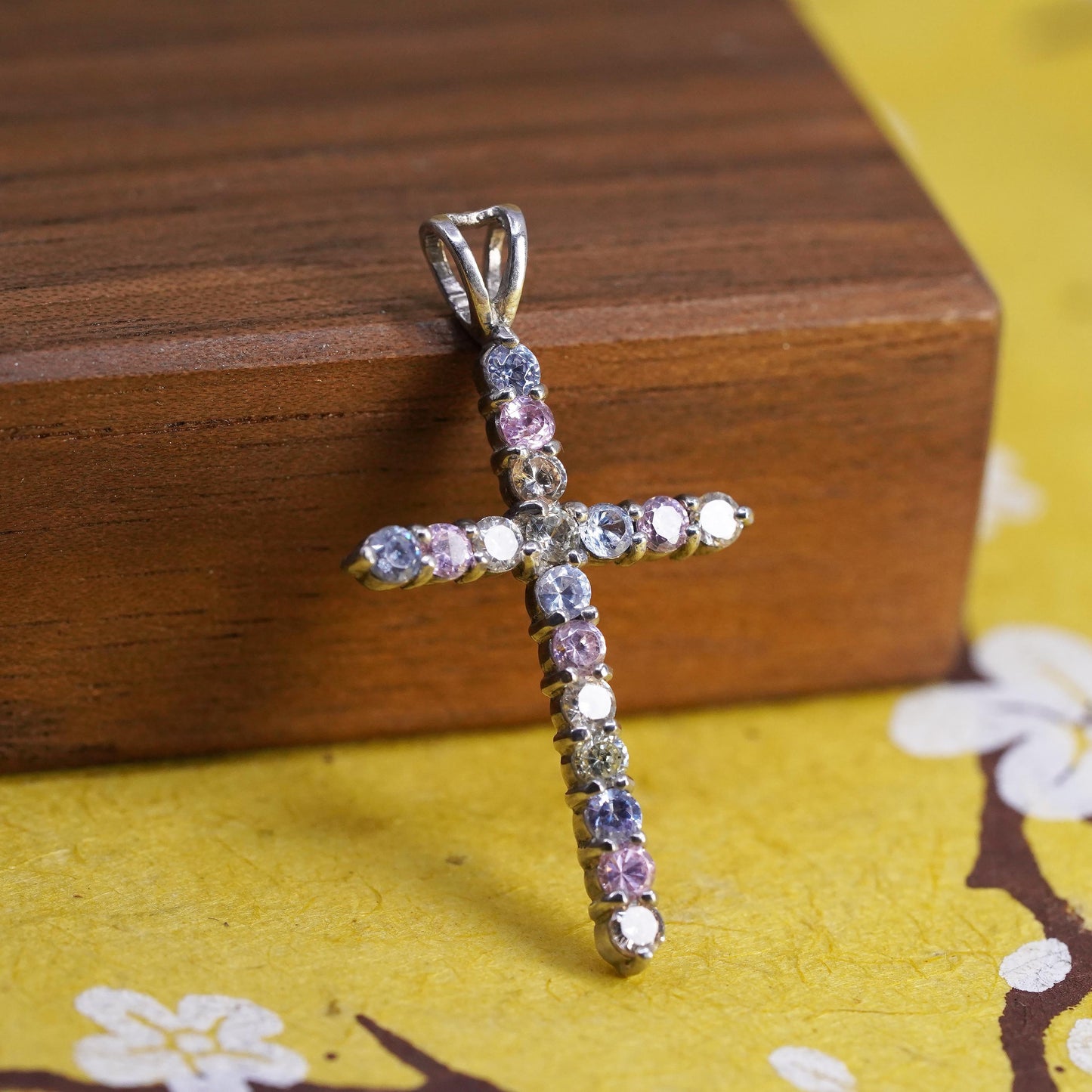 Vintage Sterling silver handmade pendant, 925 cross cluster Cz inlay, Christian