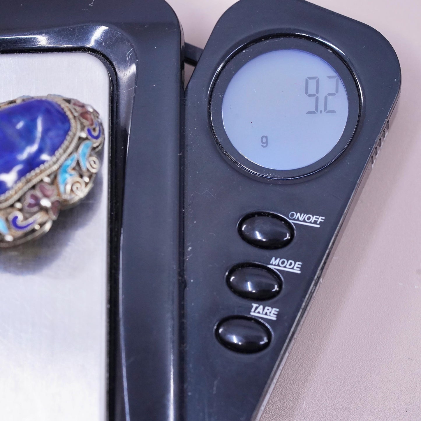 gold tone sterling silver brooch, 925 filigree pin with enamel and lapis lazuli
