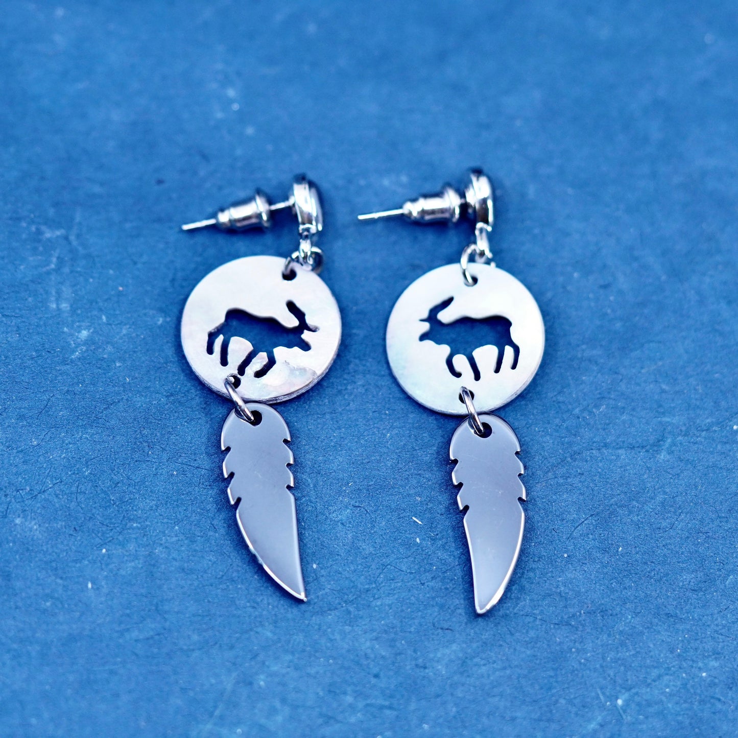 Silver Tone handmade earrings with abalone elk cut out hematite feather dangles