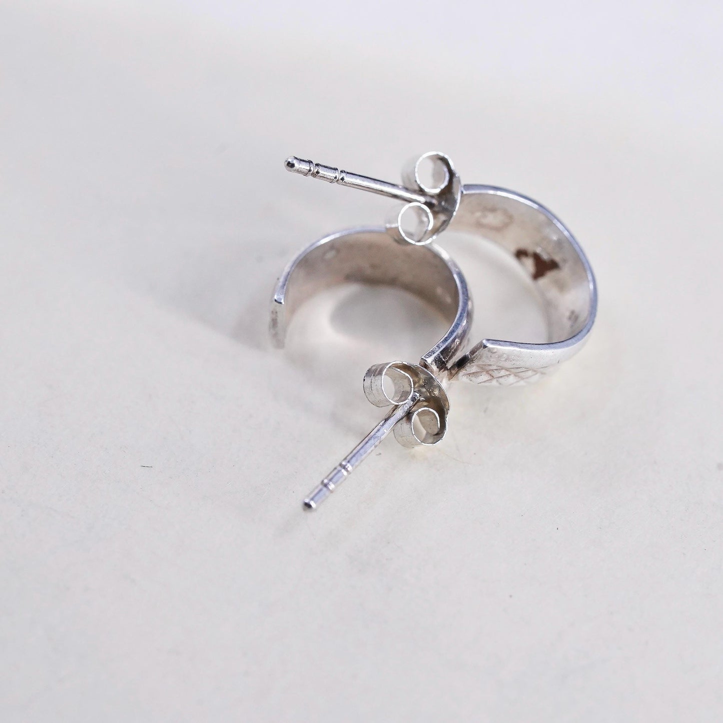 0.5”, Vintage Sterling silver earrings, 925 Diamond cut textured Huggie studs