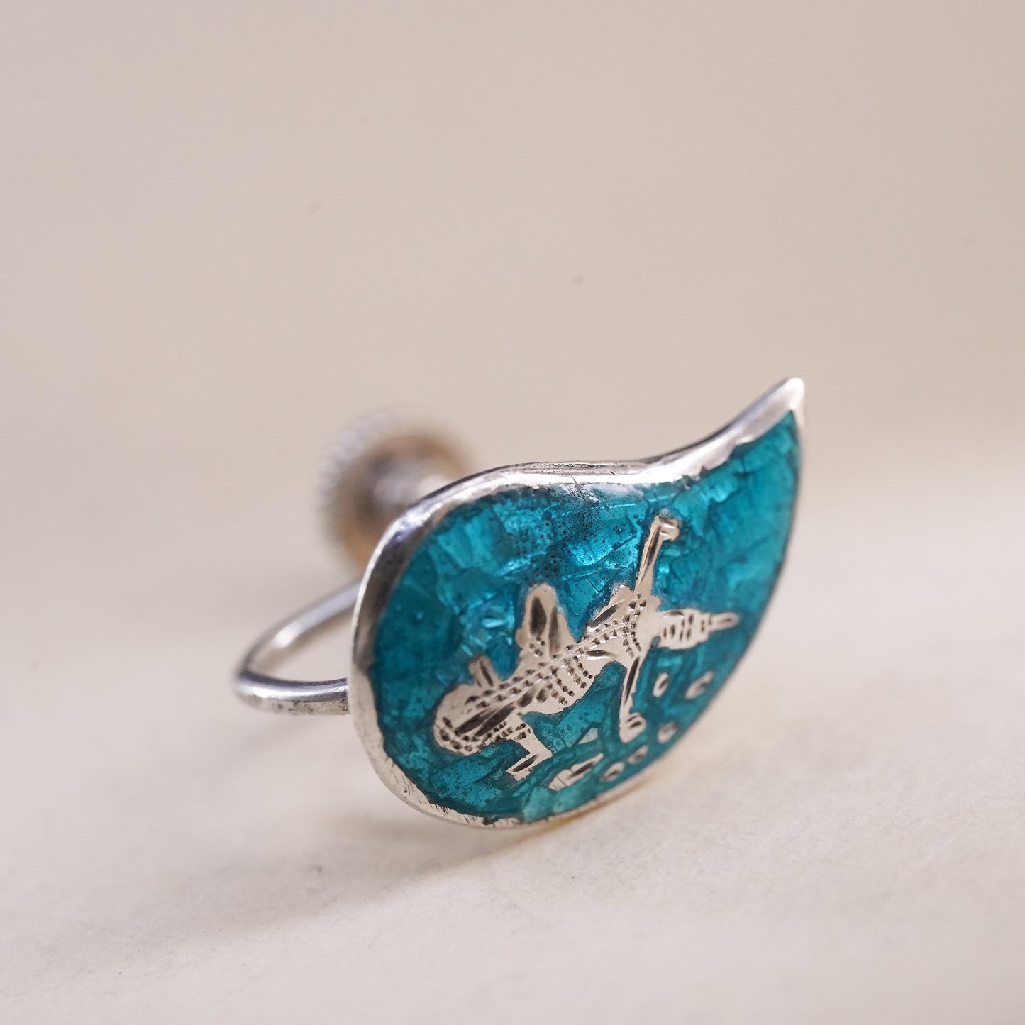 Sterling silver single earring, 925 teardrop screw back Indian blue enamel