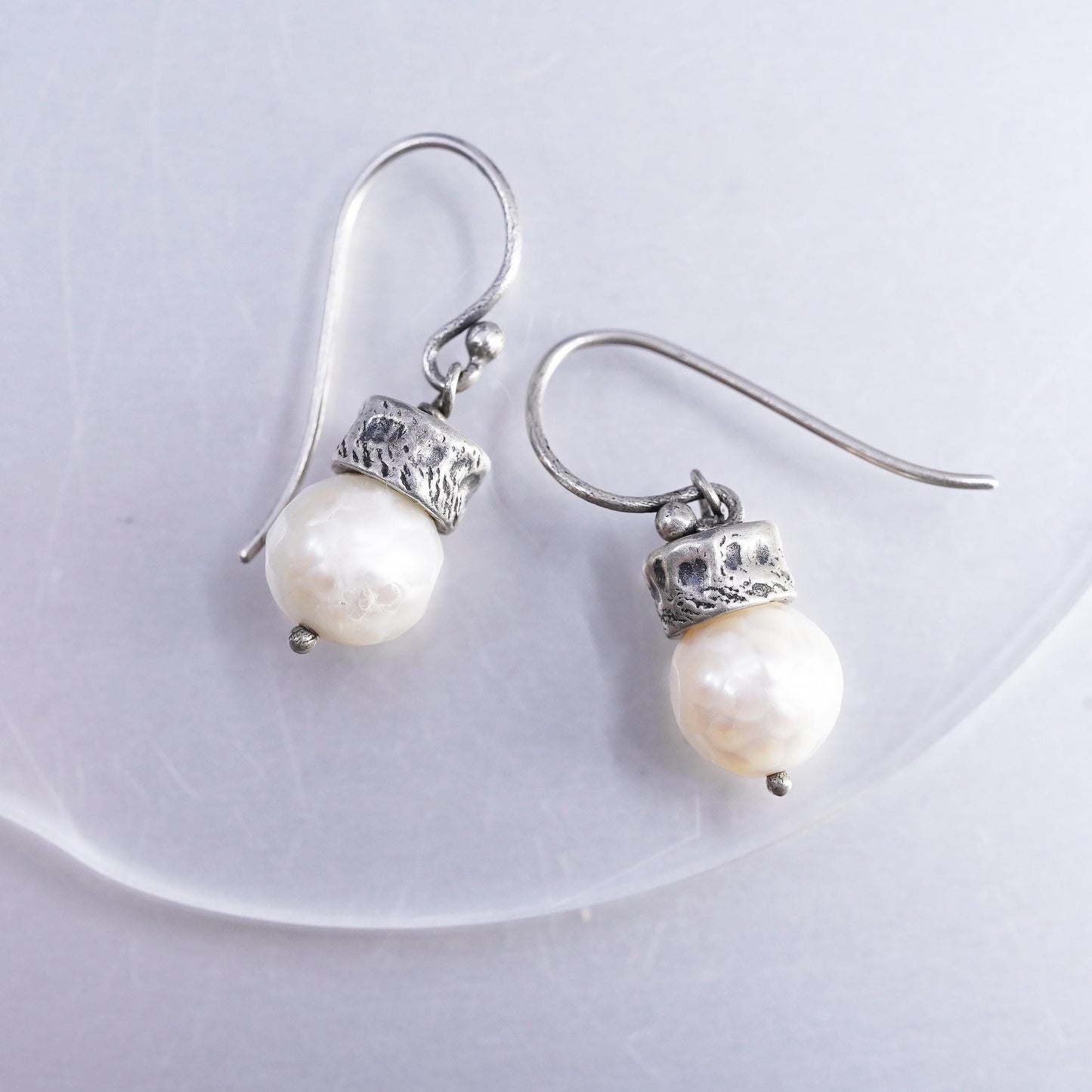 Vintage Sterling Silver Freshwater Pearl Dangle Earrings, Artisan Pearl Drops