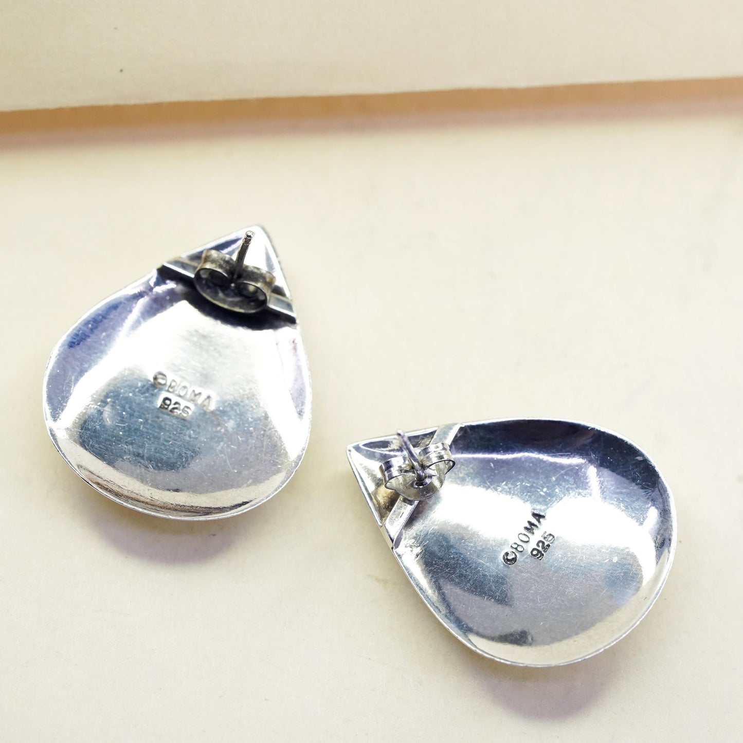 Vintage Sterling silver handmade earrings, 925 teardrop studs mother of pearl