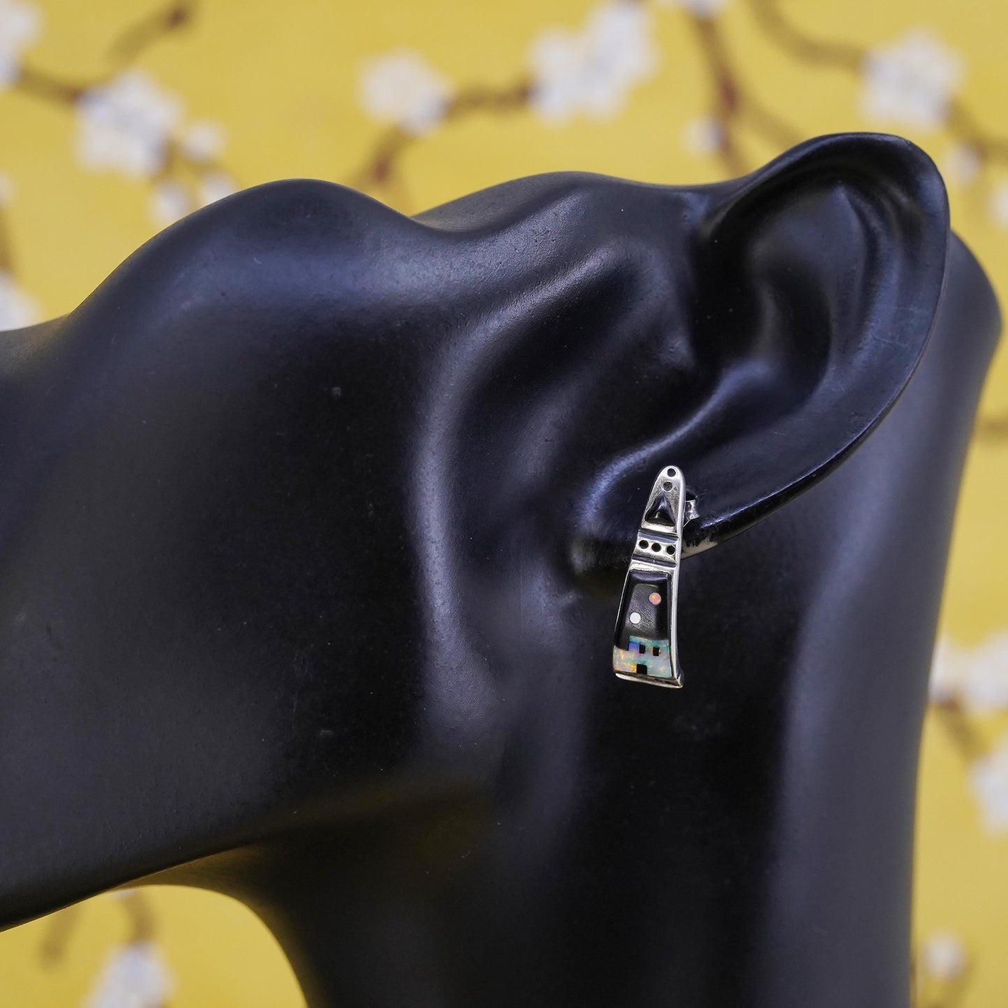 Native American Sterling 925 silver zuni huggie studs earrings with onyx opal