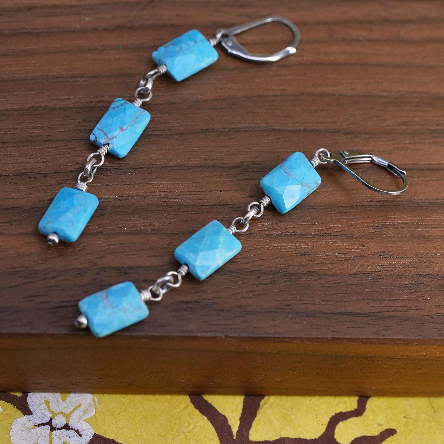 Vintage Sterling 925 silver handmade long earrings with turquoise beads