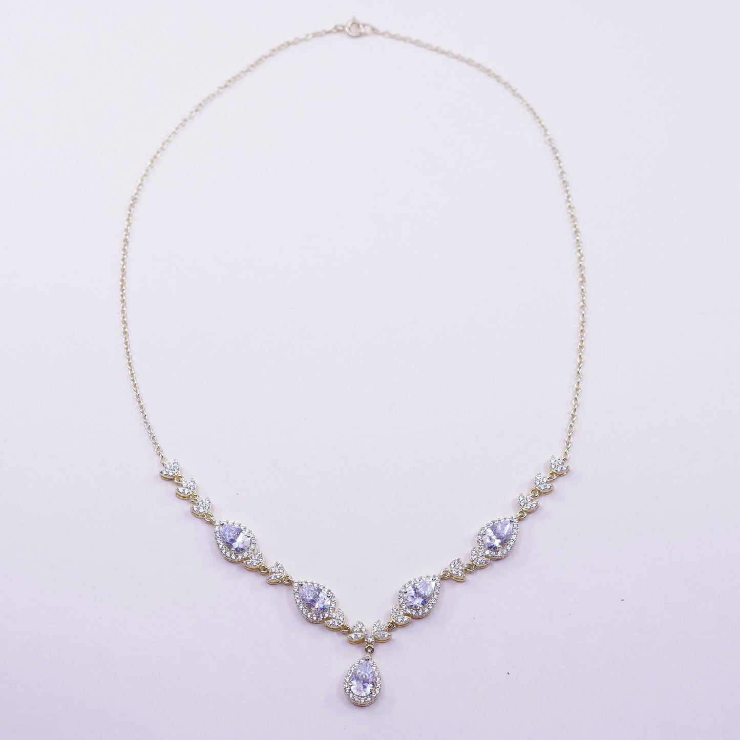 17”, 1mm, Vintage Vermeil gold over sterling silver necklace, 925 circle link chain with teardrop pendant and Cz, stamped 925 China