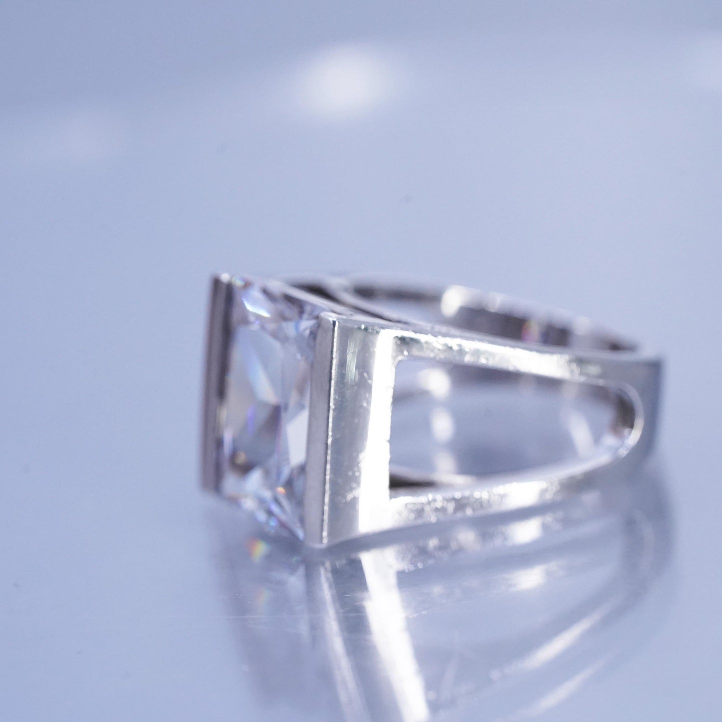 Size 7, vintage Sterling 925 silver handmade statement ring with emerald cut Cz