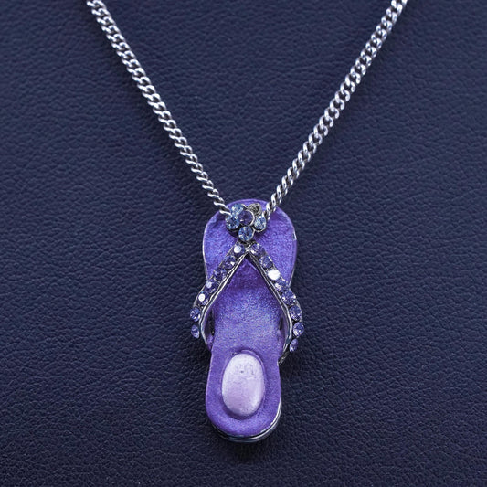 16”, VTG Sterling silver necklace, 925 curb chain purple enamel sandal pendant