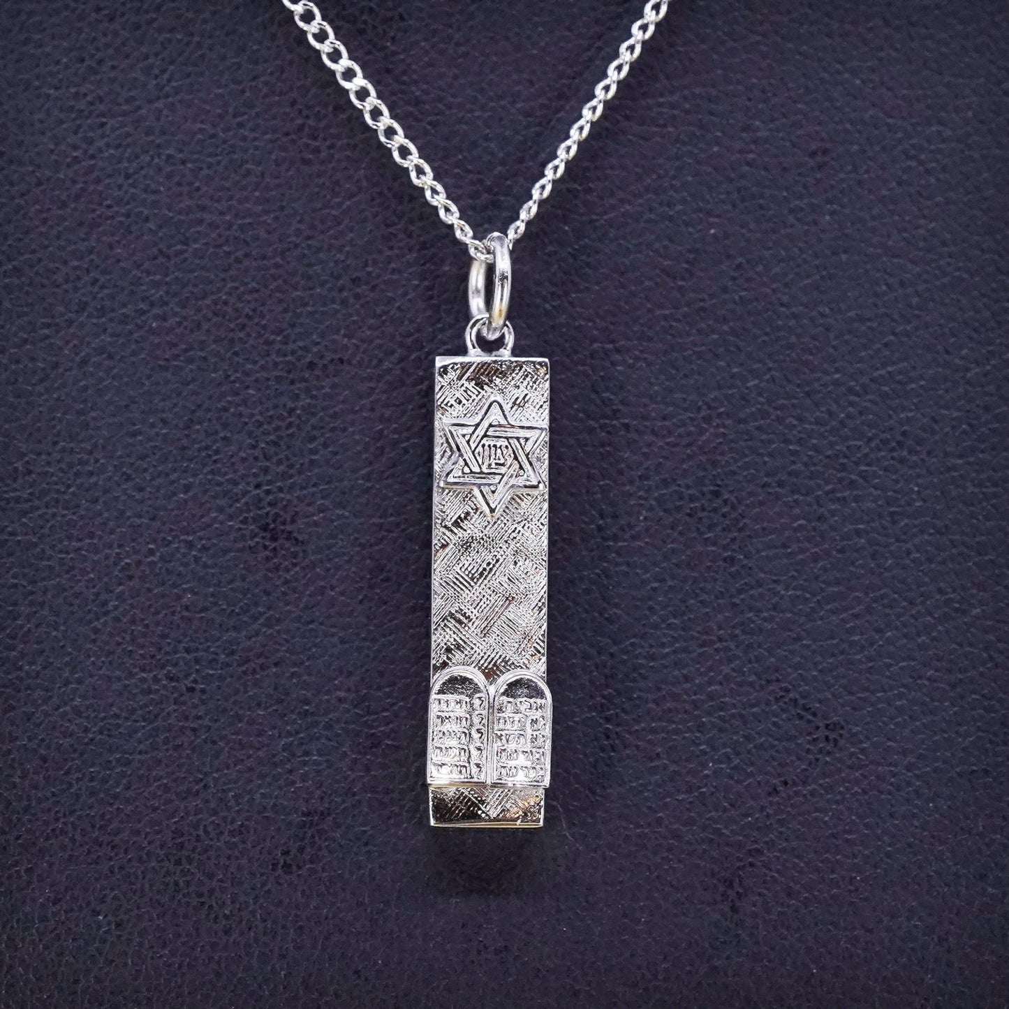 16", Sterling silver necklace, solid 925 curb Hebrew bible tube pendant