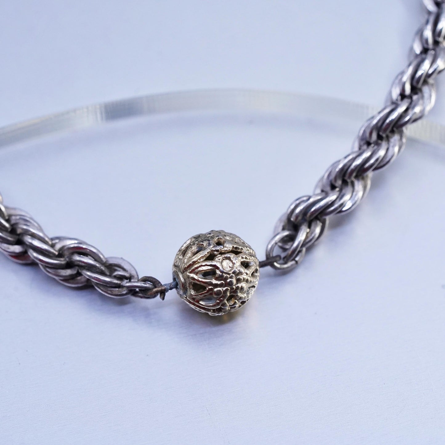 20" Italian Sterling 925 silver French rope necklace 14K gold filigree beads