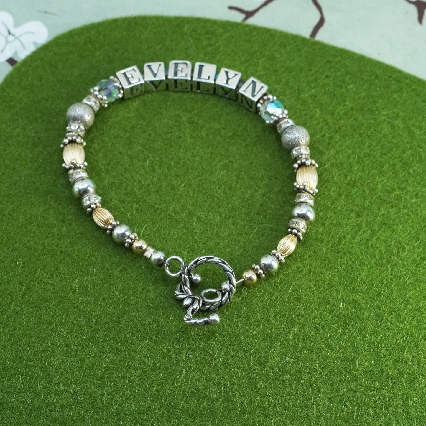 7”, 14K gold beads with Sterling 925 Silver beads bracelet name “Evelyn” cubes
