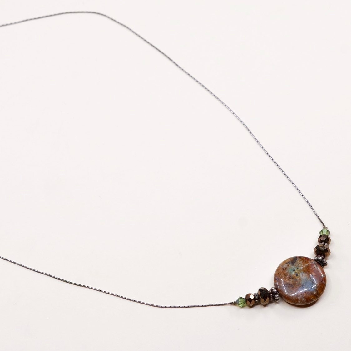 19", vintage sterling silver handmade necklace, fine 925 silver snake chain and brown agate pendant, stamped 925 italy
