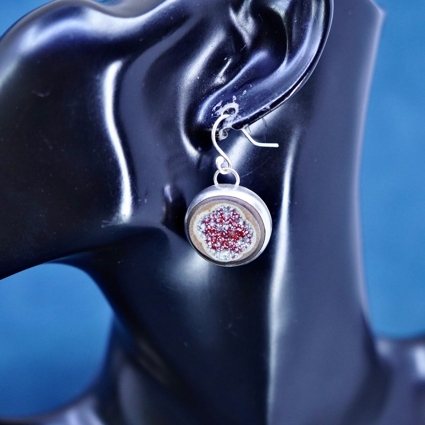 Vintage sterling 925 silver handmade earrings with round artisan stone