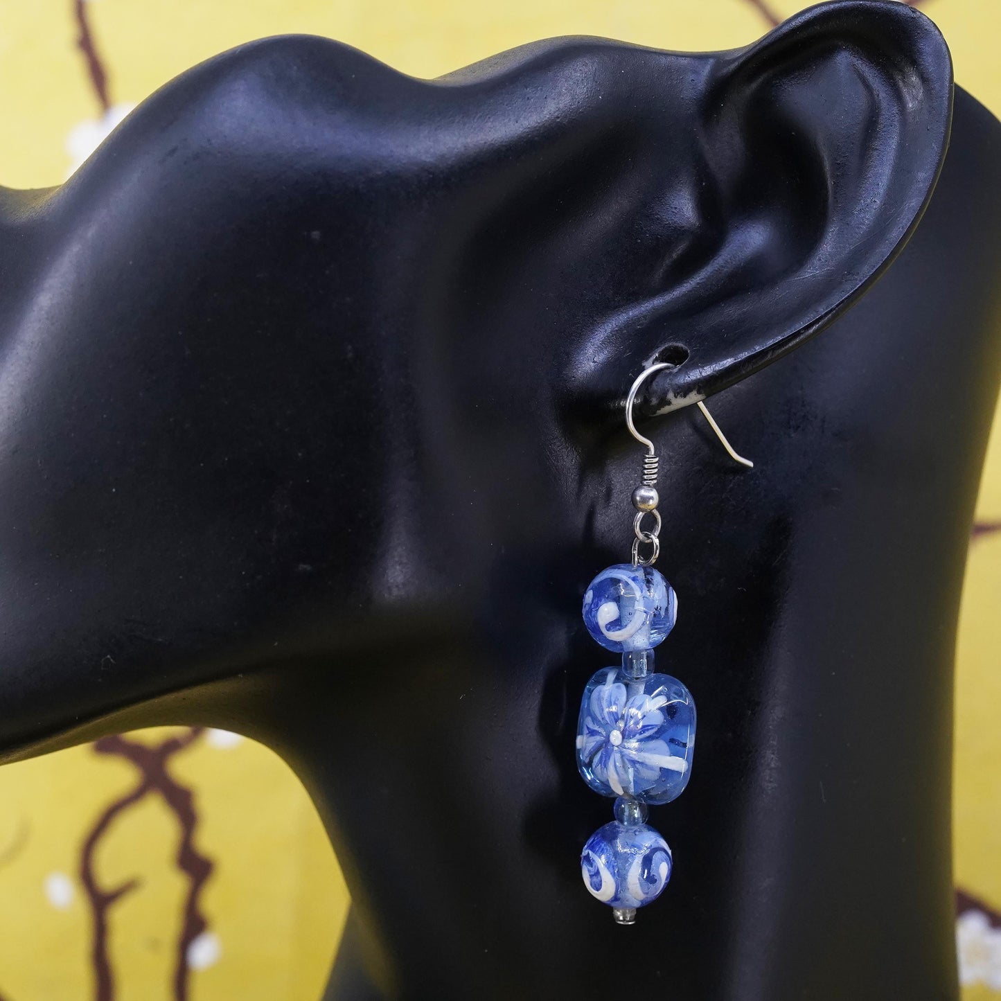 Vintage sterling 925 silver handmade earrings with blue floral glass bead