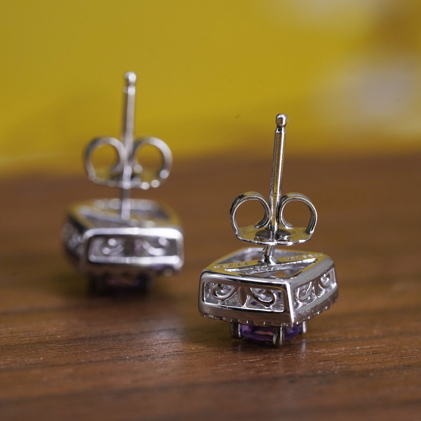 Sterling 925 silver square amethyst studs, earrings with 10K yellow gold trims