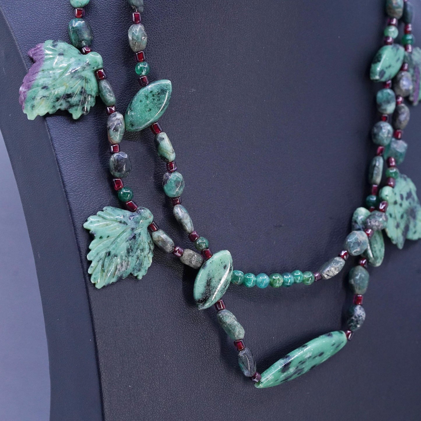 18", vintage Sterling 925 silver necklace carved Ruby in Zoisite leaves beads