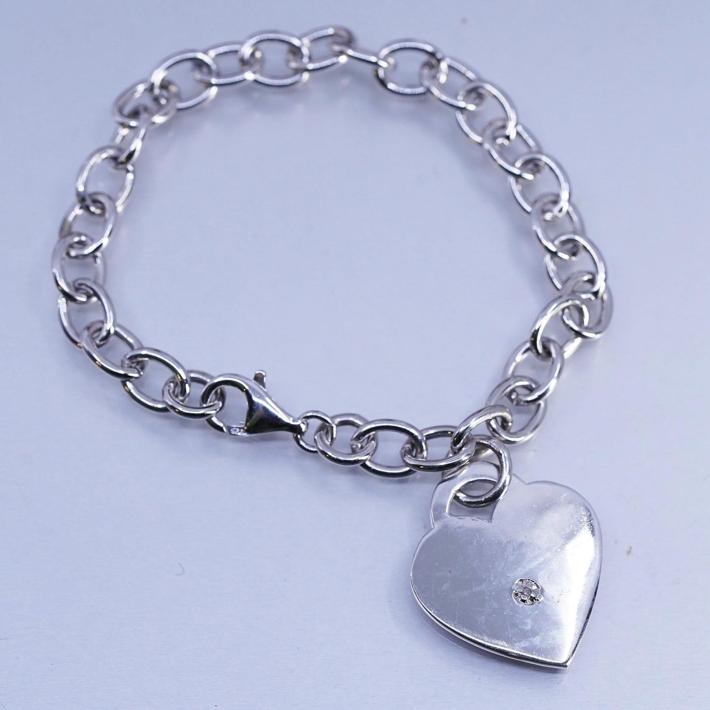 6.75", Vintage Sterling Silver Bracelet, 925 circle chain heart diamond charm