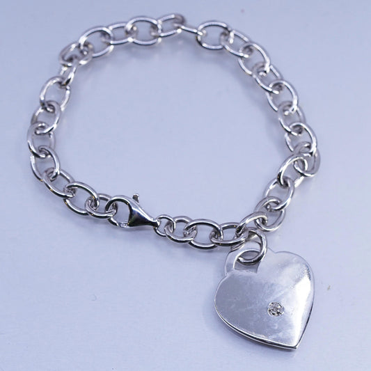 6.75", Vintage Sterling Silver Bracelet, 925 circle chain heart diamond charm
