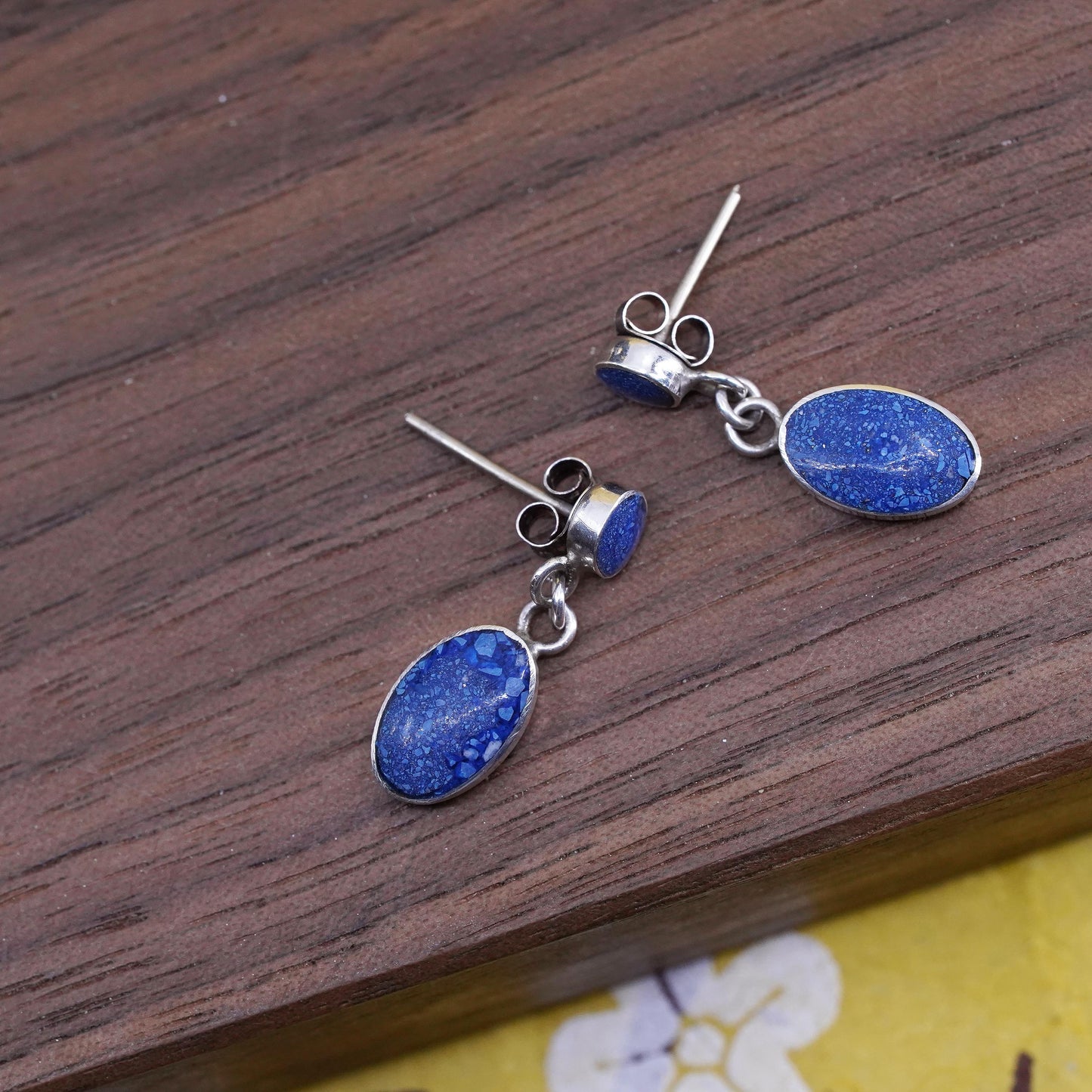 vintage Peruvian Sterling silver handmade earrings, 950 lapis lazuli dangles