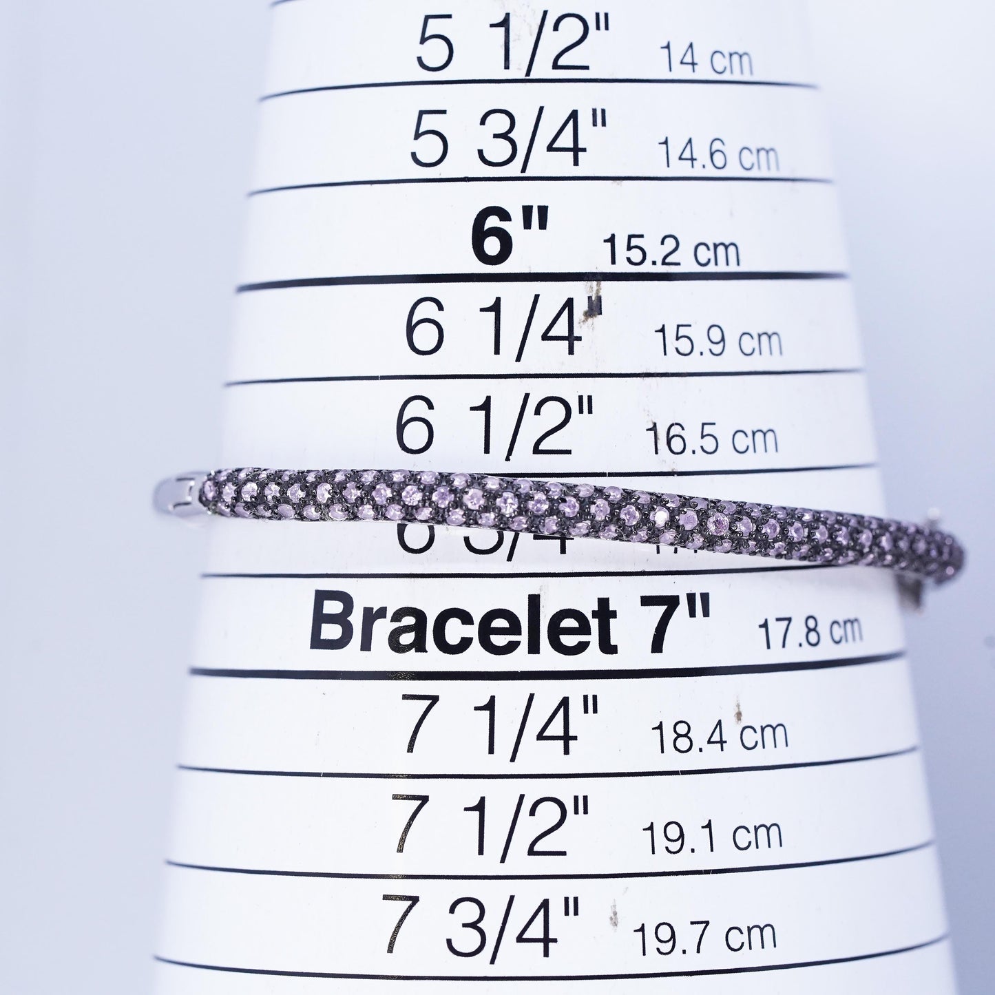 6.75", Vintage Sterling 925 silver bracelet, hinged bangle with cluster pink cz