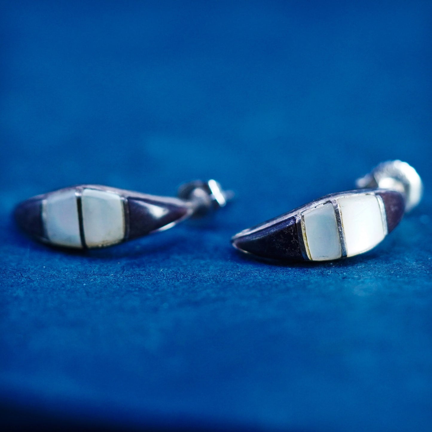 sterling silver handmade earrings, 925 studs with mother of pearl onyx inlay