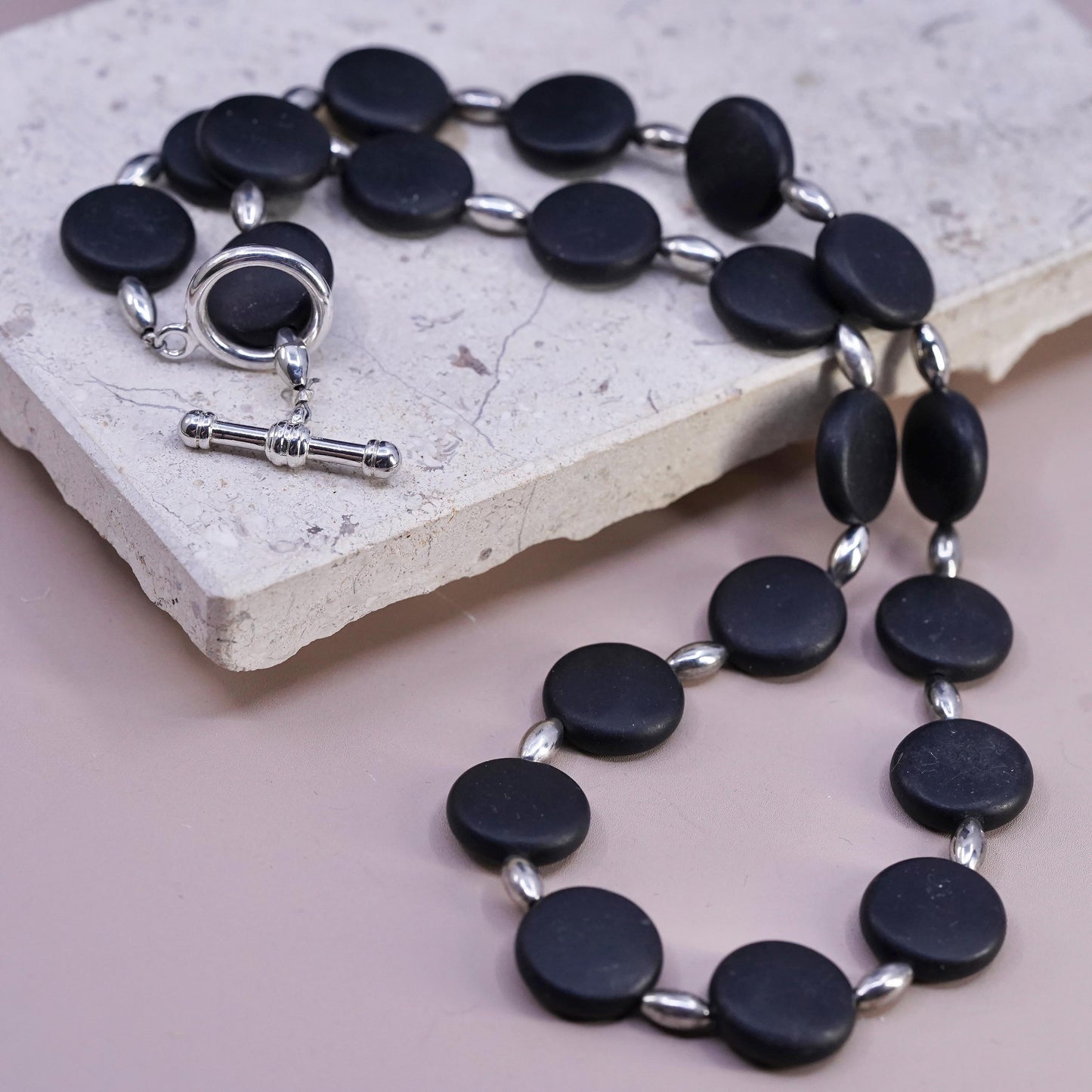 20", Sterling 925 silver necklace 16mm matte black onyx beads toggle closure