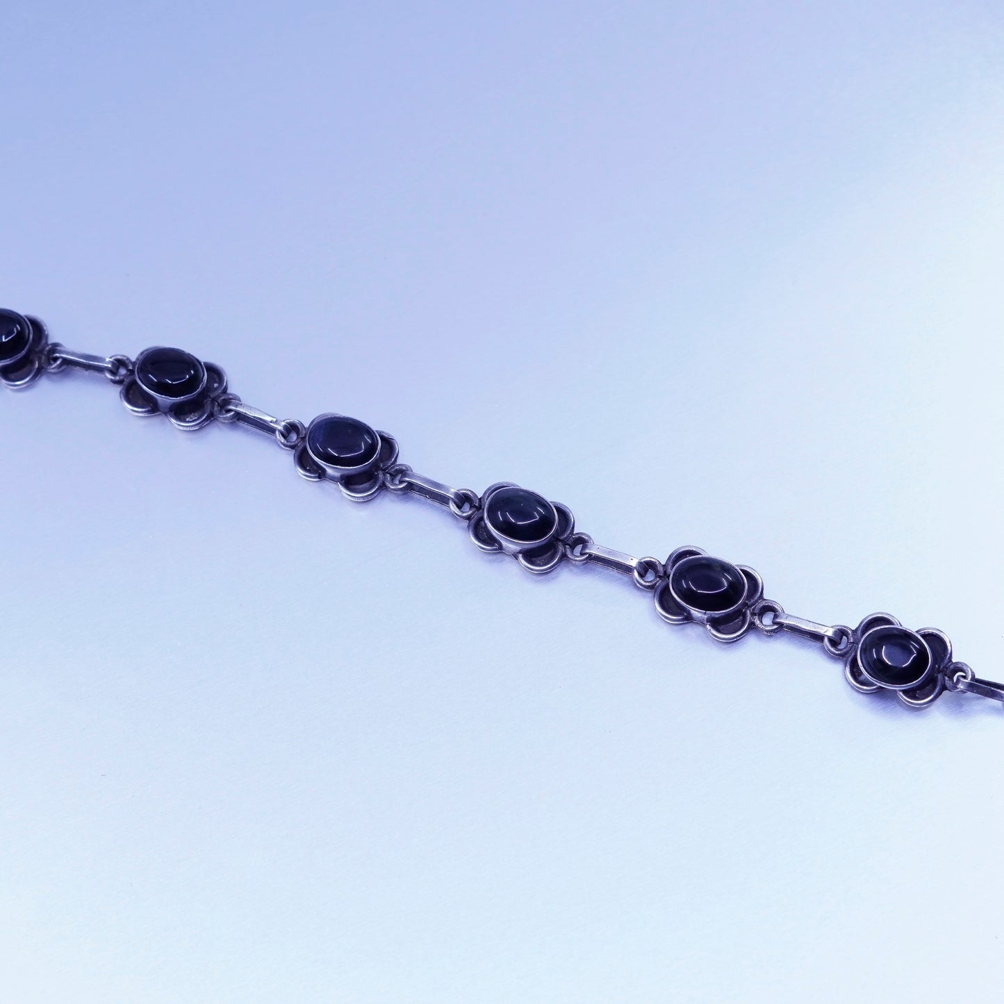 6.75”, vintage Sterling 925 silver handmade bracelet with obsidian beads