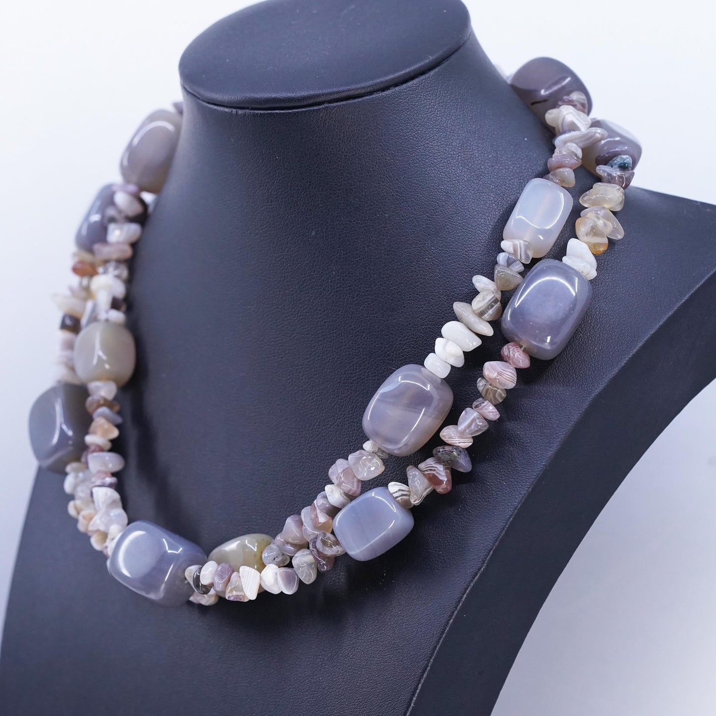 16+2”, southwestern Sterling 925 silver double strands necklace agate nugget