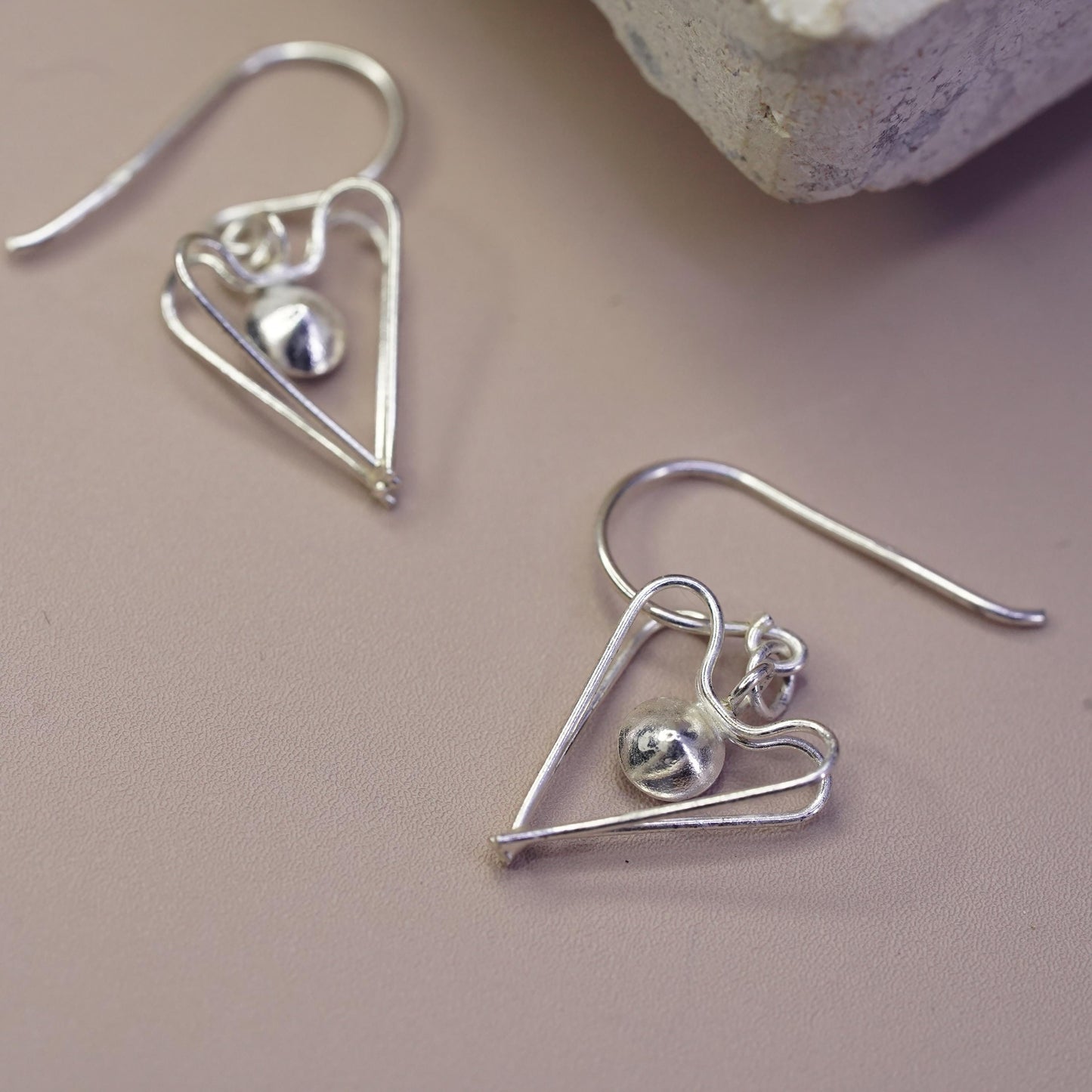 Vintage Sterling silver handmade earrings, 925 heart drops with dancing cz