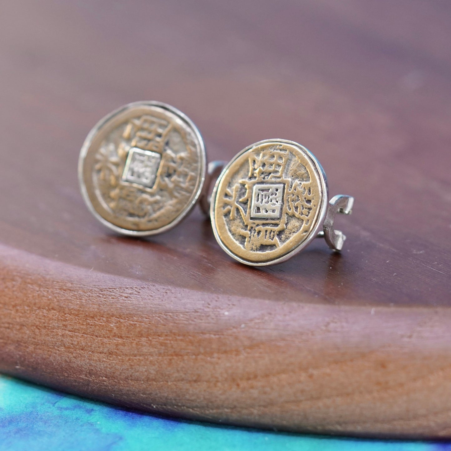Native American Sterling silver handmade earrings, ancient Chinese coin studs