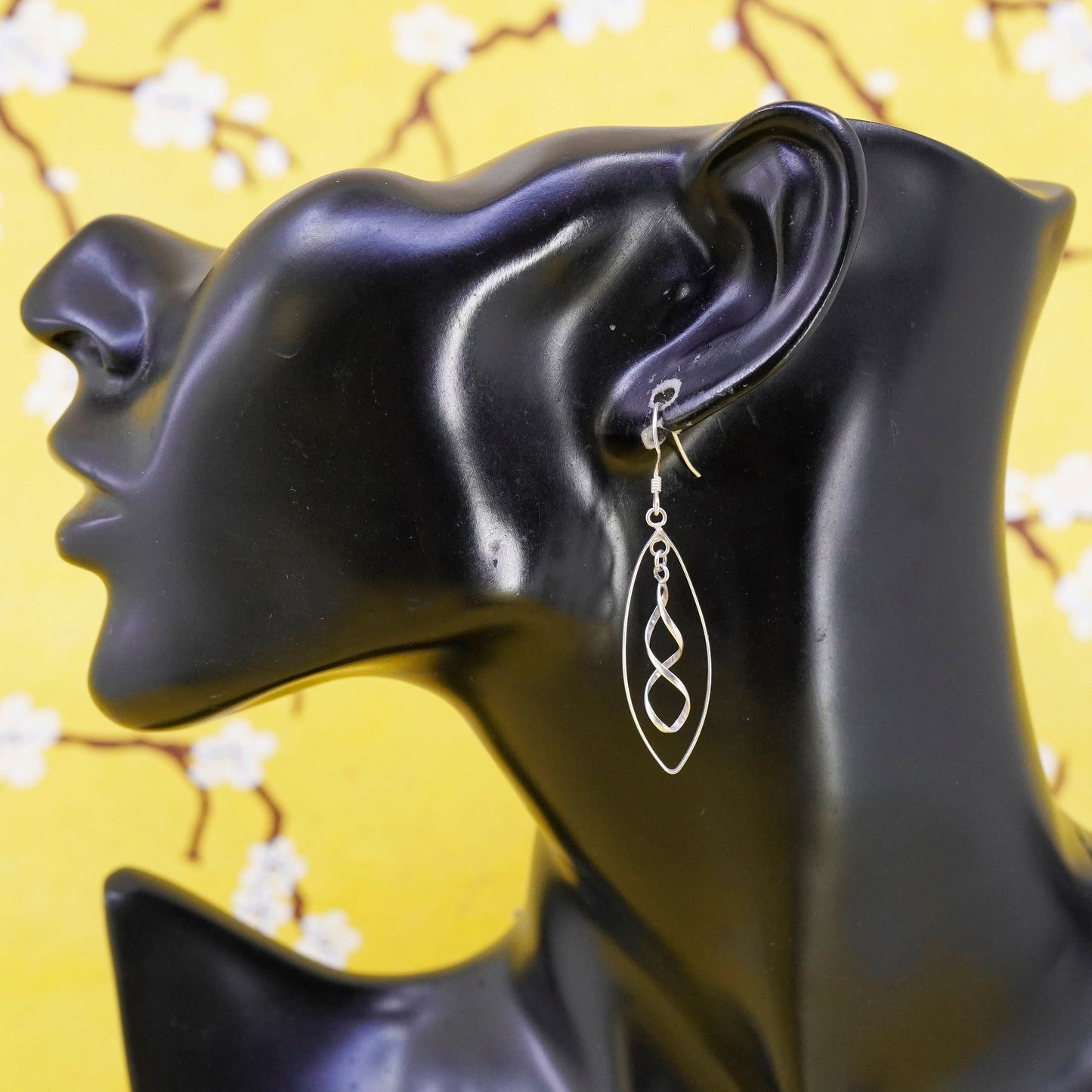 Vintage Sterling silver handmade earrings, 925 marquise dangle with spiral