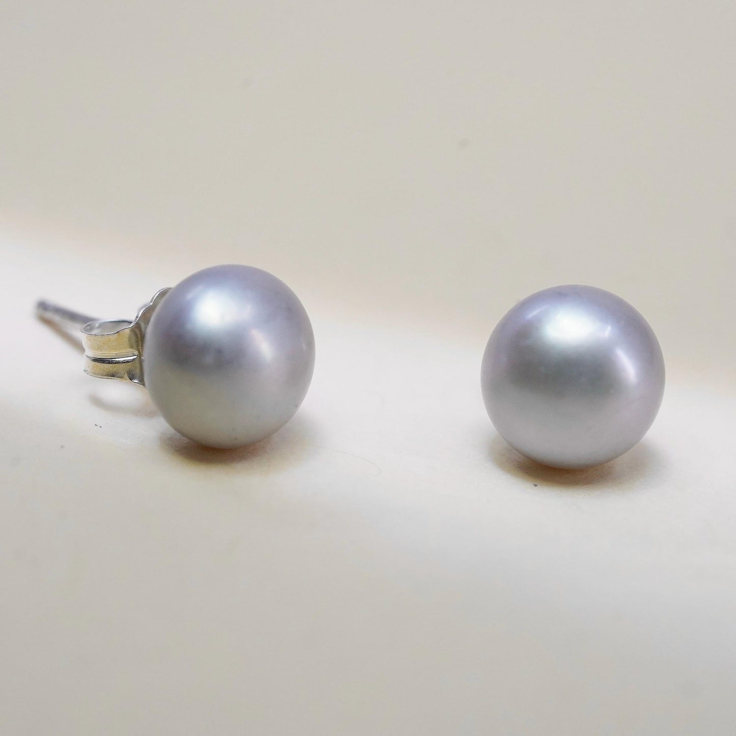 7mm, Vintage sterling silver earrings, 925 studs with gray pearl